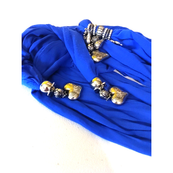 Beaded Scarf Rectangle 72" X 10 Blue Silver Tone Beads Hearts Cats - Picture 5 of 5